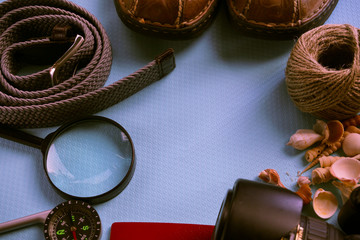 Overhead view of Traveler's accessories, Essential vacation items, Travel concept background with copy space.