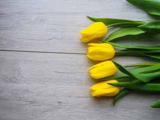 Fresh yellow tulips on wooden background. Holiday background. Top view.