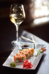 Philadelphia maki sushi rolls with salmon, cheese cream and cucumber © hdesert