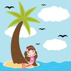 Obraz na płótnie Canvas Cute mermaid girl is happy on beach vector cartoon, summer postcard, wallpaper, and greeting card, T-shirt design for kids