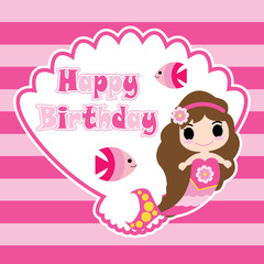 Cute mermaid girl on shellfish frame and striped background vector cartoon, birthday postcard, wallpaper, and greeting card, T-shirt design for kids