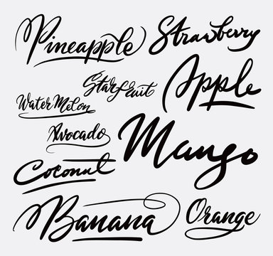 Mango and banana hand written typography. Good use for logotype, symbol, cover label, product, brand, poster title or any graphic design you want. Easy to use or change color
