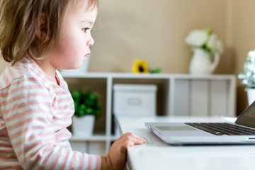 Little toddler girl using her laptop
