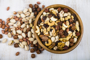 Nuts in a wooden bowl. Top view.
