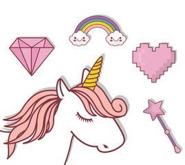 magical unicorn and fantasy related icons over white background. colorful design. vector illustration