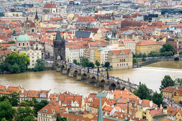 Fototapeta na wymiar Many Tourists on the Charles Bridge in Prague