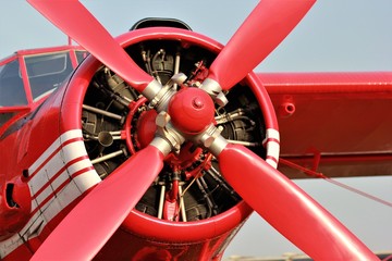 Close up of a red plane propeller