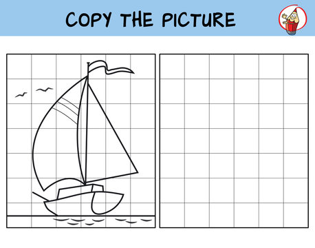 The yacht is sailing by the sea. Copy the picture. Coloring book. Educational game for children. Cartoon vector illustration