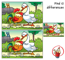 Rooster, goose and cat on the fence. Find 10 differences. Educational game for children. Cartoon vector illustration