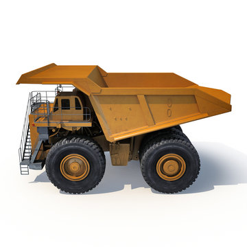 Heavy Mining Dump Truck On White. Side View. 3D Illustration