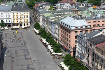 Fototapeta premium Aerial view of the north part of the Main Market Square of Krakow, the old buildings and the Spiski palace. Poland. View from St Mary's Cathedral.