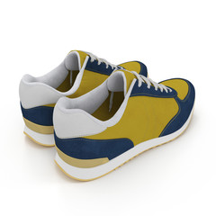 Convenient for sports mens sneakers in dark blue thick fabric. Presented on a white. Rear view. 3D illustration