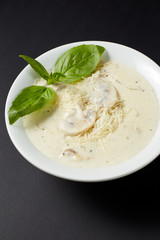 Cream Soup With Chicken And Mushrooms. Italian style. Italian food. Italian cuisine.