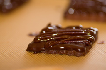 Closeup of a delicious fresh chocolate cookies on wooden desk