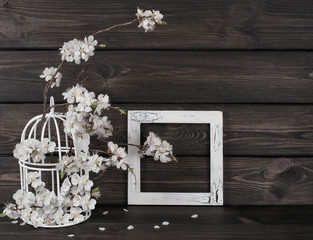 Apricot flowers in birdcage and photo frame