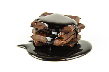 Chocolate cream and chocolate pieces on white background