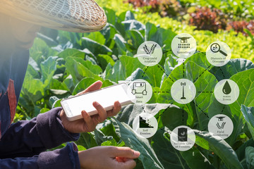 Agricultural technology and organic agriculture concept. Agritech icons and messages on farmer holding smart phone in vegetable filed.