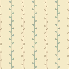 Seamless natural sketch vector pattern. Green brown twigs on yellow background. Hand drawn abstract texture illustration