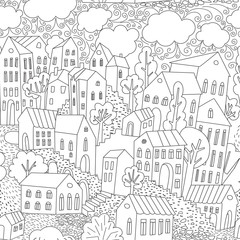 Seamless background with houses and trees