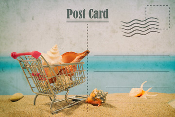 Naklejka premium Vintage summer postcard. Shopping on the beach