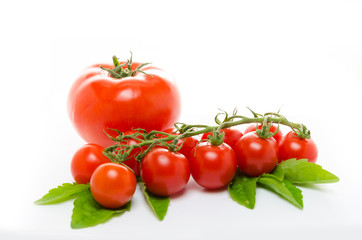 Small cherry tomatoes with green leaves on a white background. Isolated