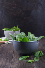 Fresh garden organic spinach in bowl  on rustic background ready for salad. Vintage still life