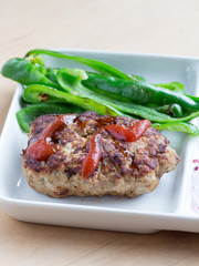 Japanese cuisine, homemade meatloaf and fried green peppers