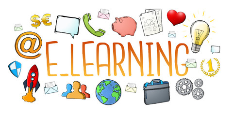 Hand-drawn e-learning text with icons