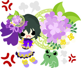 A cute girl in anger and hydrangeas and a frog