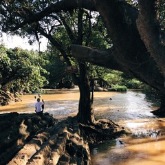 парень в джунглях фотографирует на телефон реку