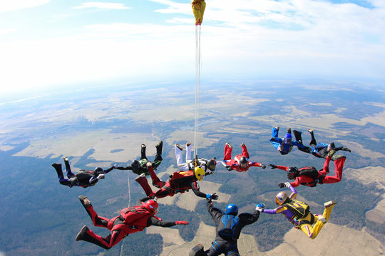 Skydivers in the sky
