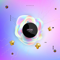 Poster with rainbow volumetric figures and memphis style elements. Abstract geometric  background. Template for posters, covers, banners, placards, flyers, presentations, magazines, books. Vector
