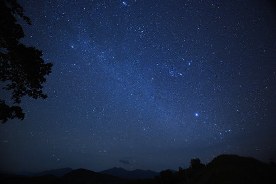night sky stars with milky way on mountain background.