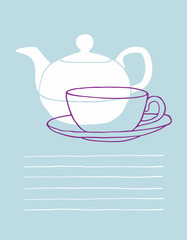 Doodle hand drawn teapot and cup with saucer. Vector morning illustration 
