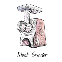 Meat grinder, hand painted illustration, watercolor and ink outline
