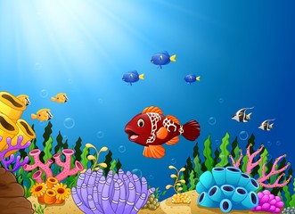 Naklejka na ściany i meble Cartoon tropical fish with beautiful underwater world
