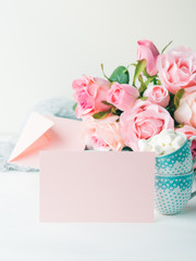 Blank pink paper card for Valentine's or mother woman day. Wedding baby birthday romantic date invitation