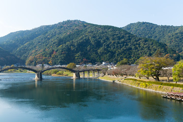 Japanese Kintai Bridge with blue sky