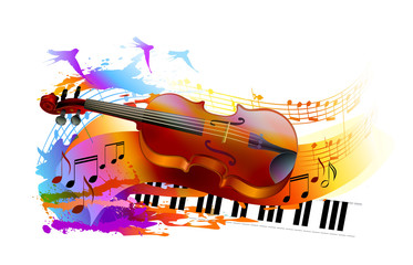 Colorful music background with violin, piano, musical notes and birds 
