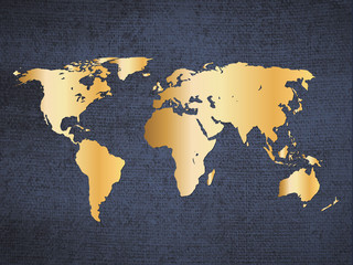Gold World Map On Deep Blue Canvas Background