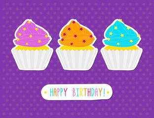 Happy Birthday Greeting Card. Cute Cupcakes On Bright Background