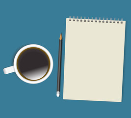 Business Concept Illustration. Spiral Notepad with Pencil and Cup of Coffee on Blue Background