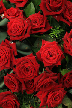 Red roses in bridal bouquet