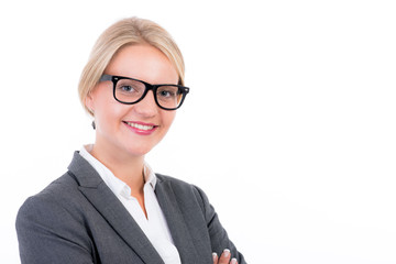 blonde lächelnde businessfrau mit brille
