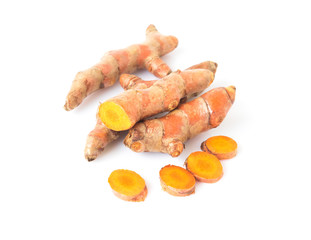 Fresh turmeric roots on white background, herb and healthy care concept