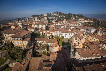 Naklejka premium Top view of the city and the roofs of Bergamo