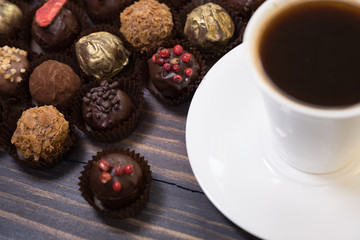 A cup of coffee and chocolate sweets