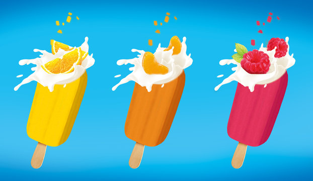 Orange Mandarine and raspberry fruit ice cream set isolated on white with clipping path without shadow. Falling pieces of candied fruits and a creamy splash.