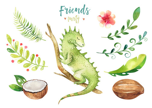 Baby animals nursery isolated illustration for children. Watercolor boho tropical drawing, child cute tropic iguana. Baby shower