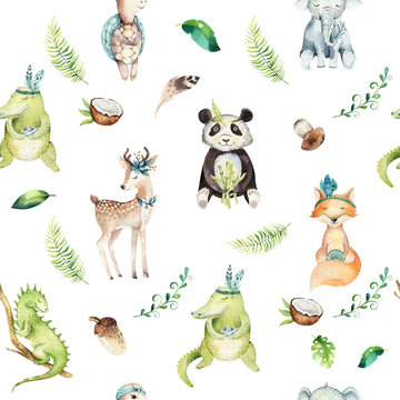 Baby animals nursery isolated seamless pattern. Watercolor boho tropical drawing, child tropical drawing, panda, cute crocodile, tropic elephant, green iguana , fox, deer and turtle